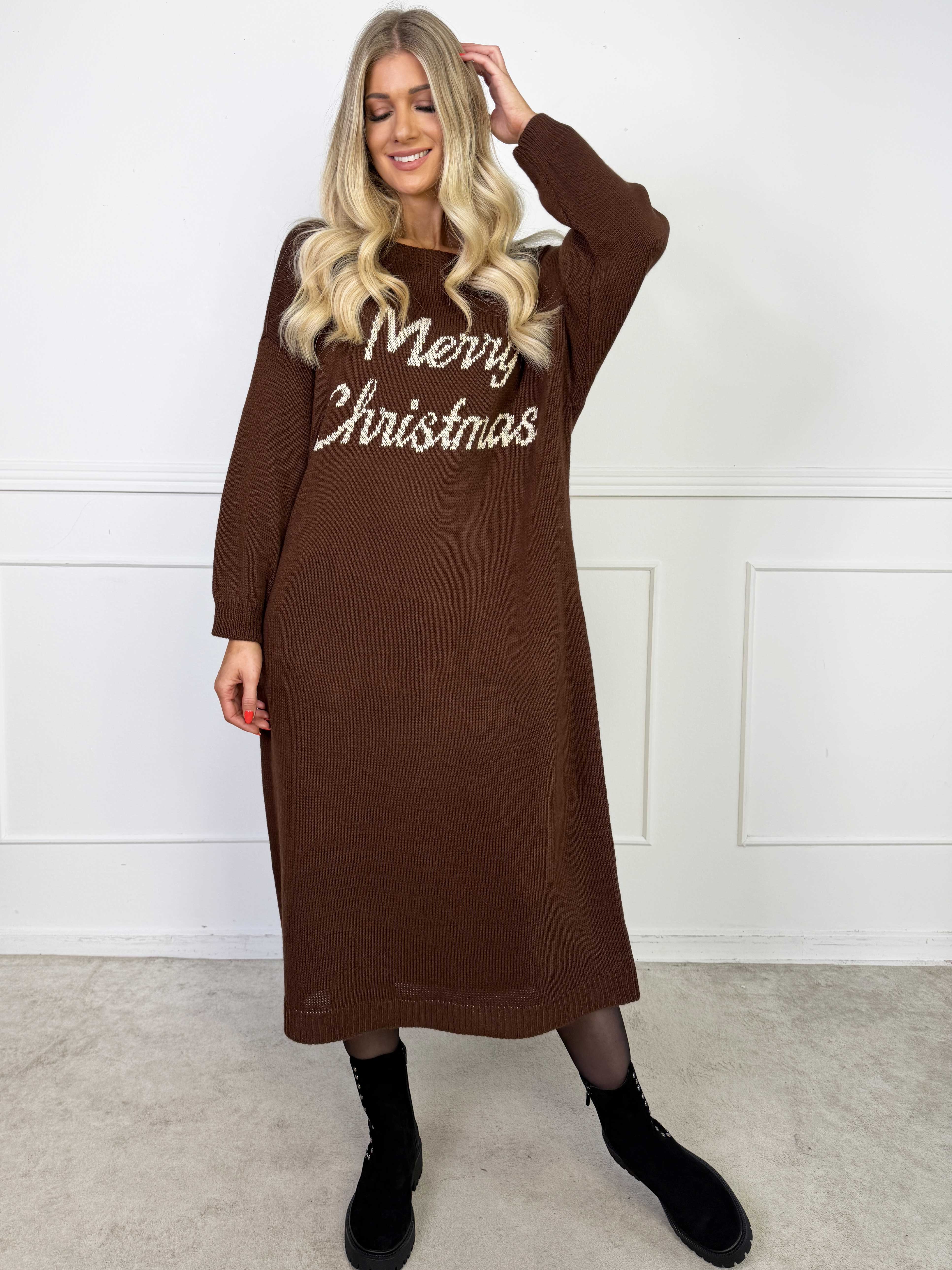 Merry Long - Julestrikkjole med guld skrift